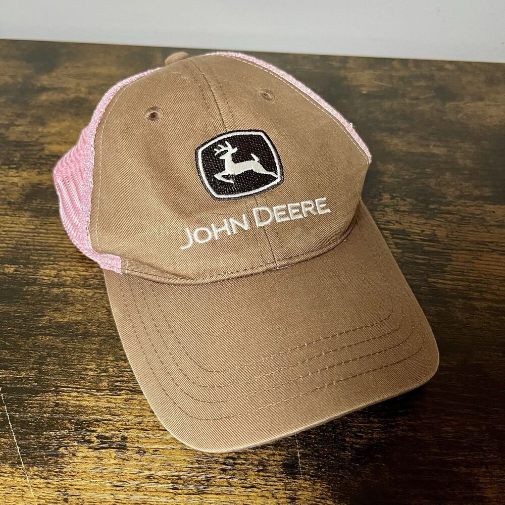 John Deere Women’s Pink Tan Trucker Mesh Baseball Cap Embroidered Logo Hat